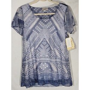 One World Mesh Flutter Sleeve Scoop Neck Sublimated Print Knit Lined Top size sm